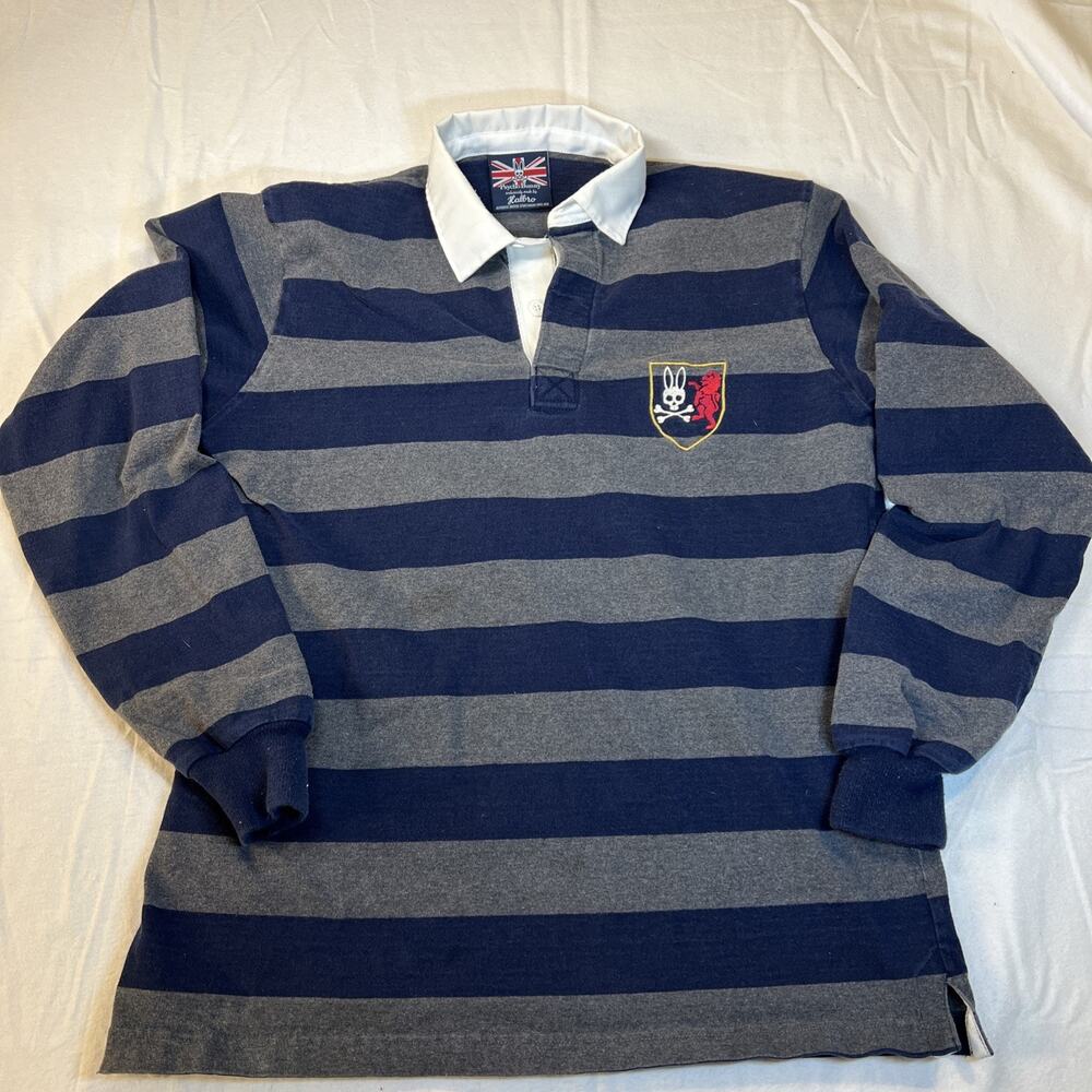 PSYCHO BUNNY Rugby Polo Long Sleeve 1/4 Button Striped Shirt Size Medium Preppy